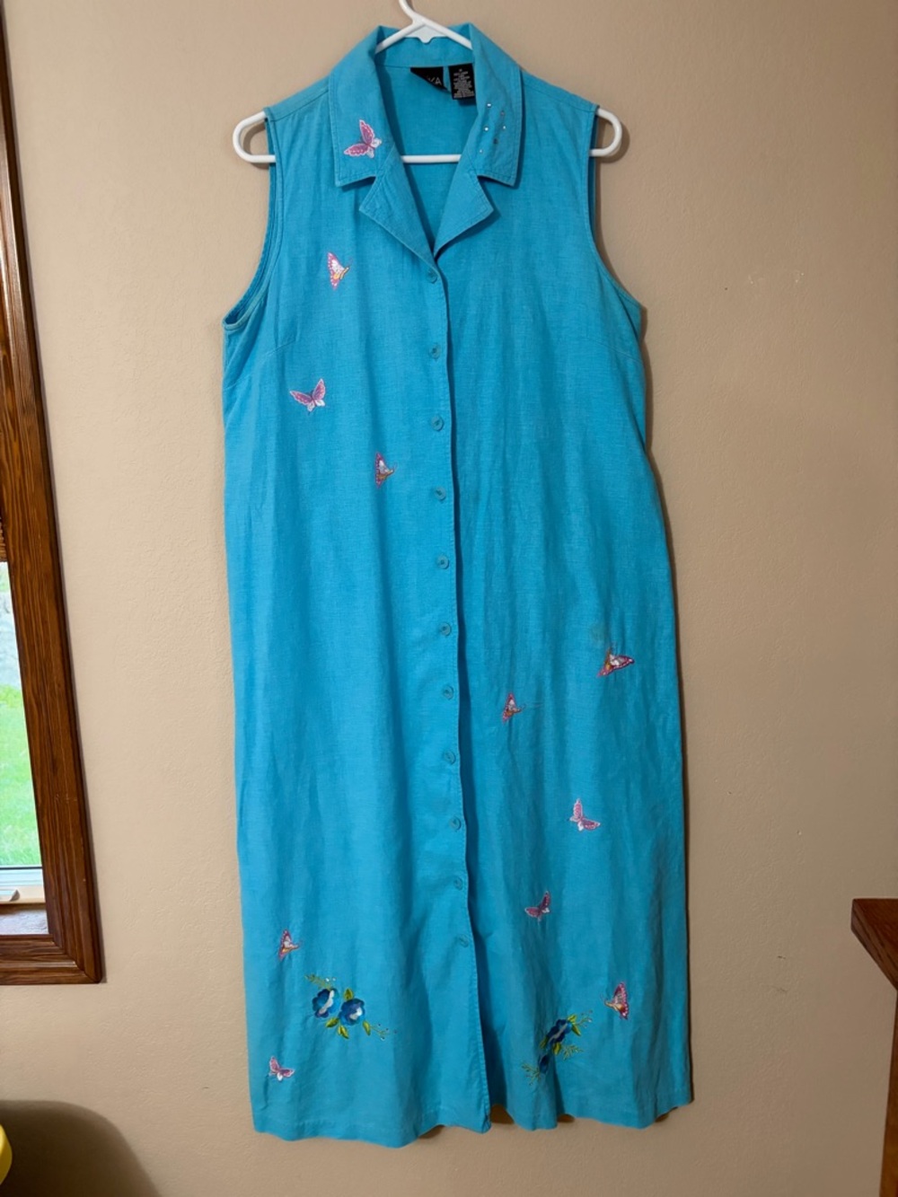 Vintage Erika Linen Blend Embroidered Butterfly Midi Shirtdress Blue Aqua 90s